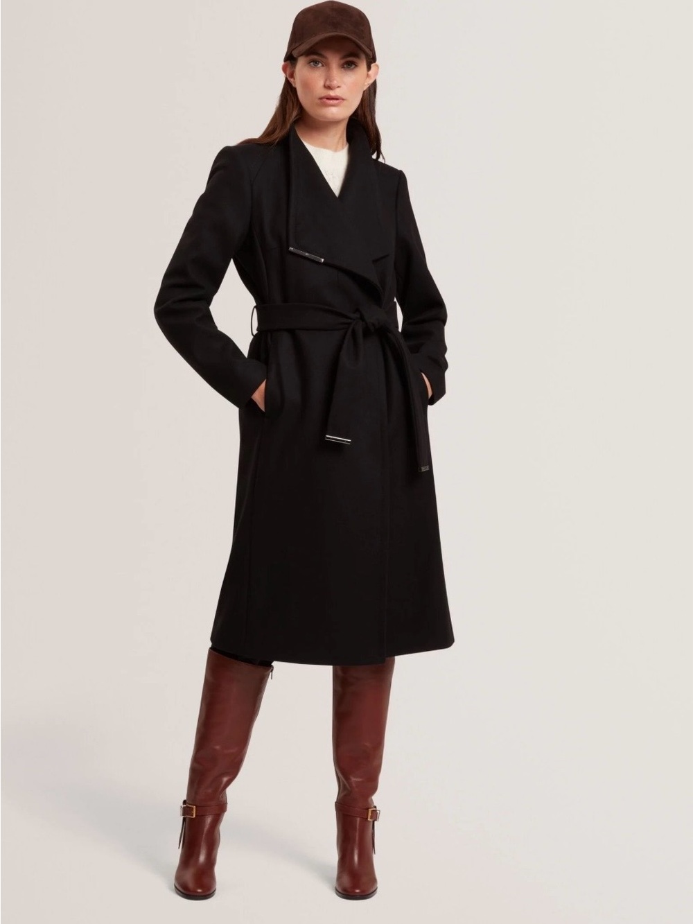 Ted Baker Sleek Black Wrap Belted Wool Coat